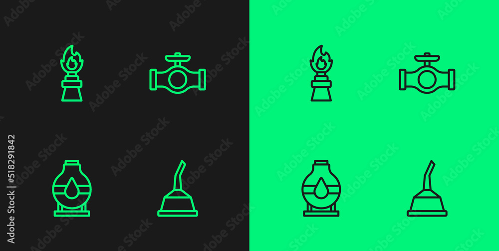Set line Canister for motor machine oil, Oil tank storage, rig with fire and pipe valve icon. Vector Set line Canister for motor machine oil, Oil tank storage, rig with fire and pipe valve icon. Vector