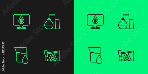 Set line Oil pump or pump jack, petrol test tube, drop with dollar symbol and tank storage icon. Vector