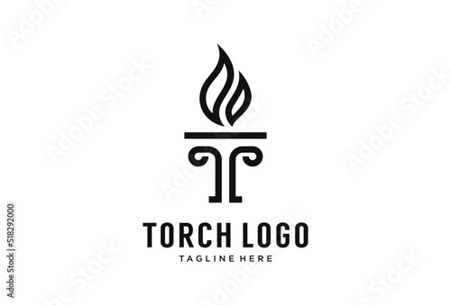 Initial Letter T Burning Torch Fire Flame with Pillar column logo design template