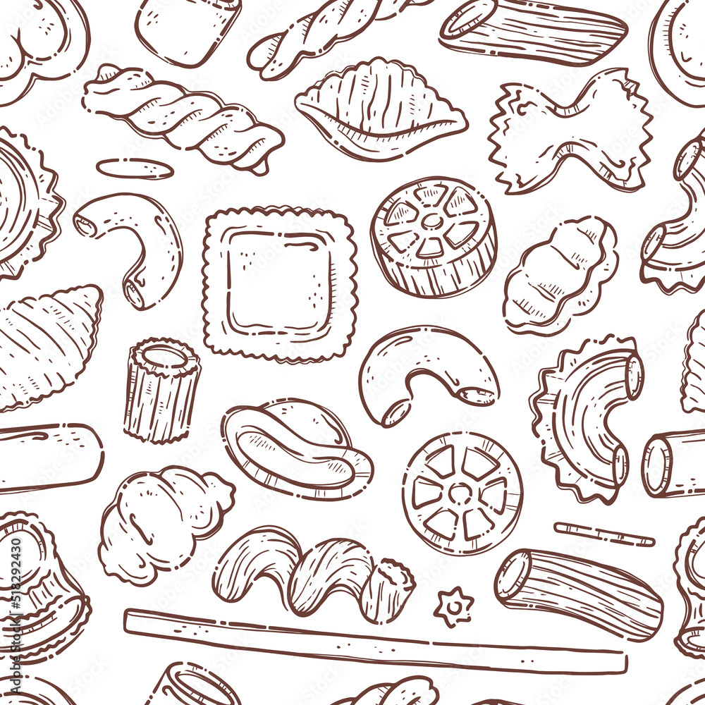 Big collection italian pasta. Different types of uncooked pasta for backgrounds, menu, stickers, cafe, restaurant, bar, shop. Seamless pattern of Italian cuisine staples.