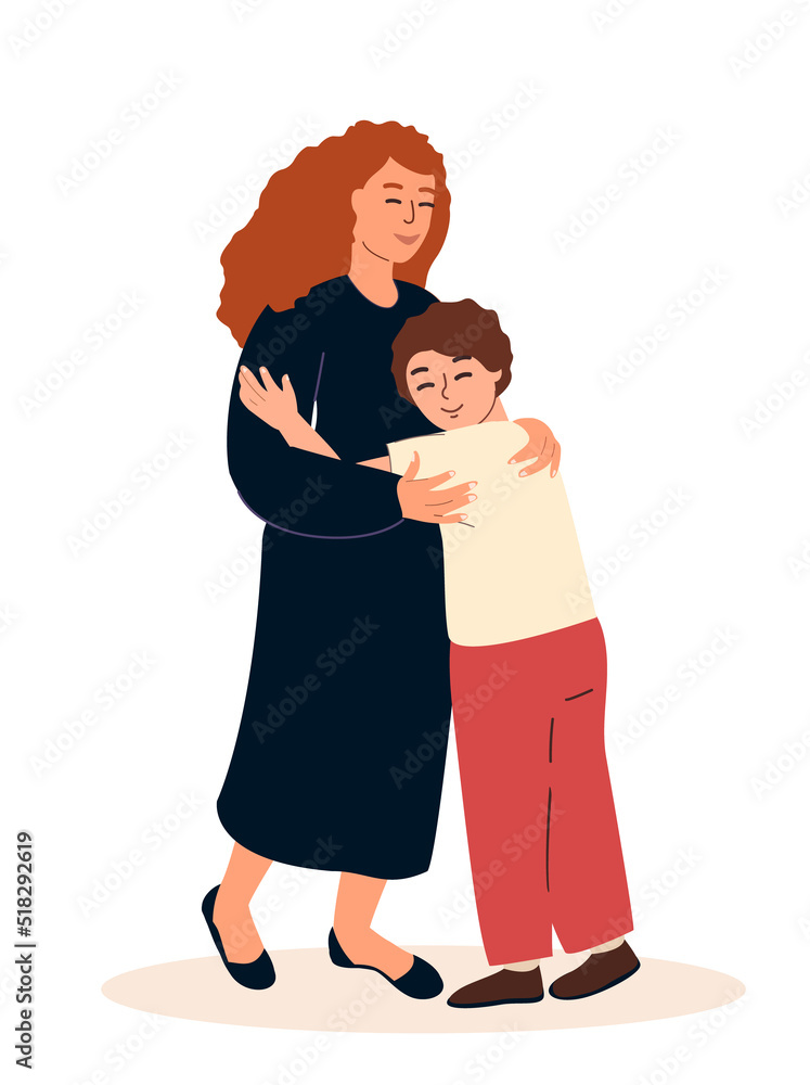 Loving Mother and boy son child hugging together.Love of mom and her child.Family relationships,Support and love.Warm hugs.Happy Woman and kid son.Flat vector illustration isolated on white background