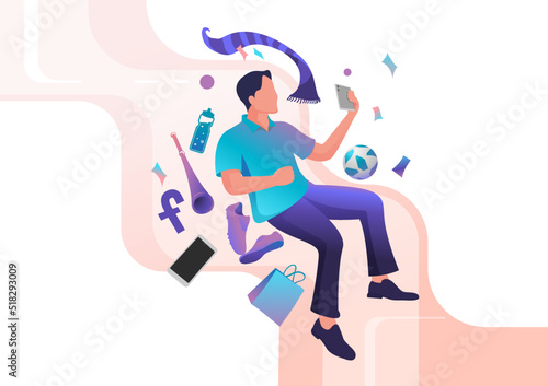 Character Man Shopping Online and Choosing Products in Online Store.Online Shopping and Mobile Commerce Concept.