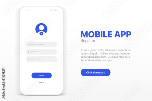 Log in screen. Mobile application interface, registration form with login and password fields. Website UI UX with buttons and network account sign. Vector web page mockup for smartphone.
