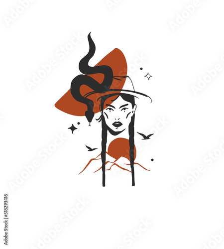 Hand drawn abstract vector graphic clipart illustration boho cowgirl in hat portrait.Western female design concept.Bohemian wild west contemporary art.Cowboy girl modern drawing.American cowgirl logo.
