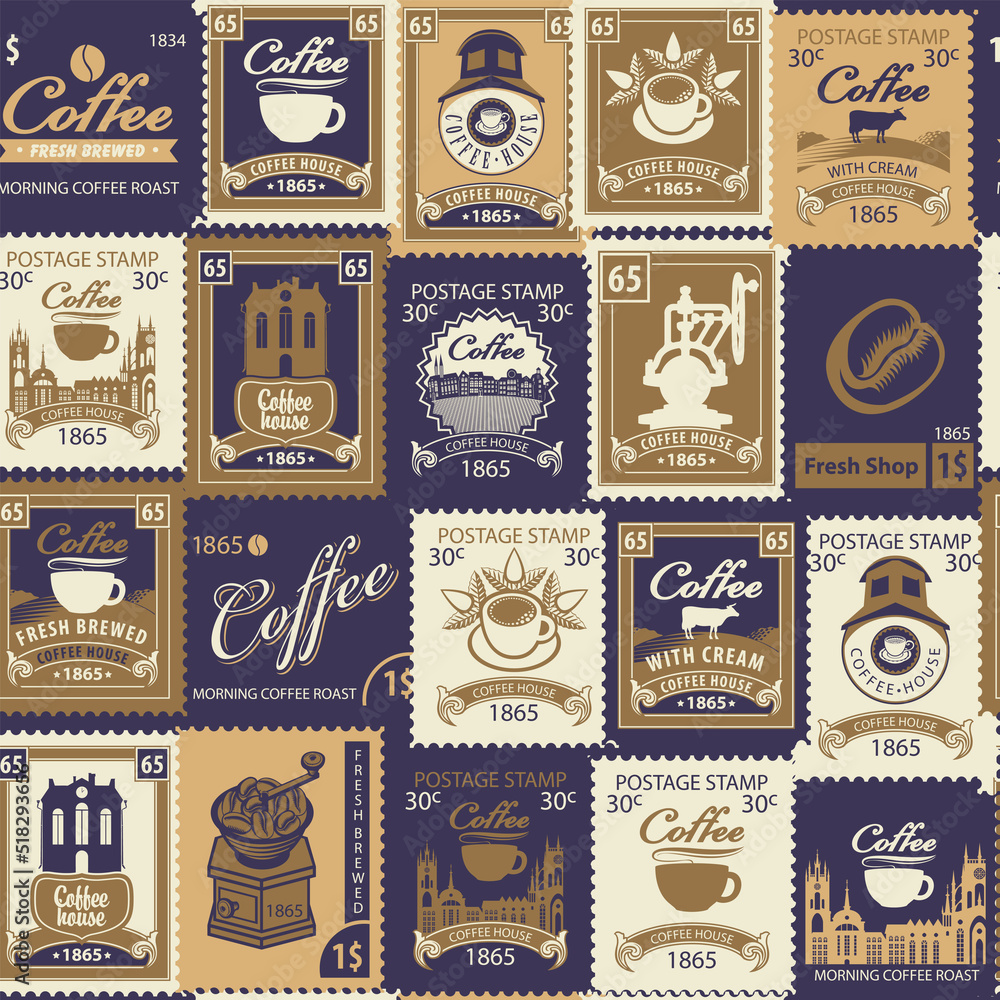Fototapeta premium Seamless pattern on the theme of coffee and coffee house. Repeating vector background with various postage stamps in retro style. Suitable for wallpaper, wrapping paper, fabric, package.