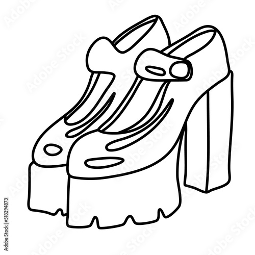Chunky platform high heeled shoes. Vector doodle illustration.