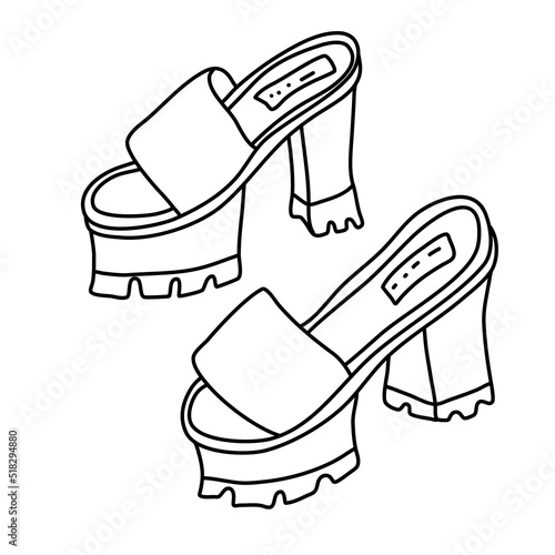 Chunky platform sandals. Summer shoes. Vector doodle illustration.