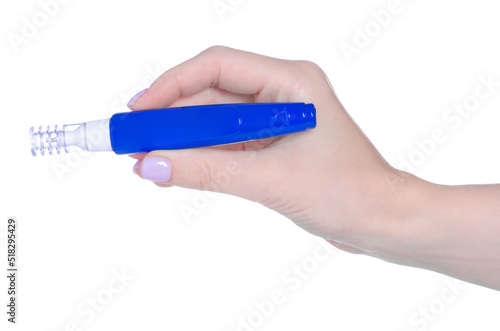 Pen corrector for correction mistake in hand on white background isolation