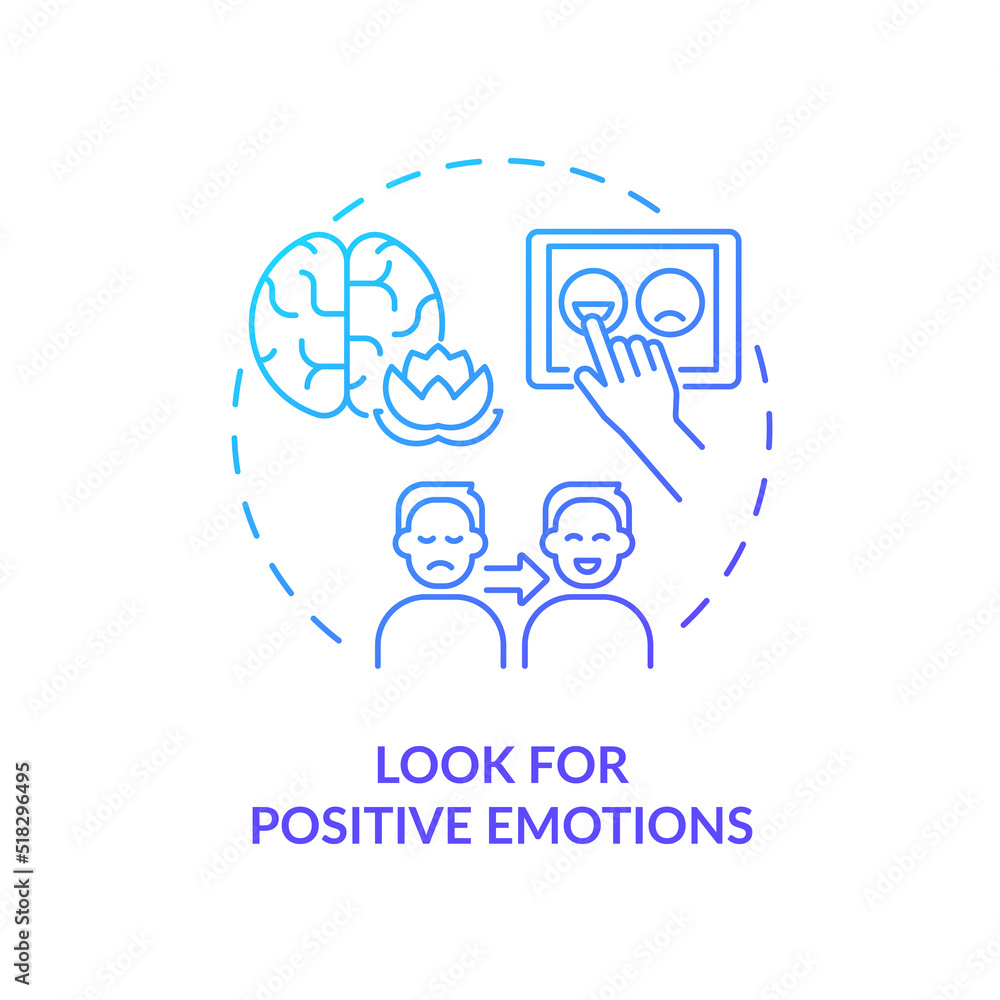 Look for positive emotions blue gradient concept icon. Self control. Strategy for emotional regulation abstract idea thin line illustration. Isolated outline drawing. Myriad Pro-Bold font used Look for positive emotions blue gradient concept icon. Self control. Strategy for emotional regulation abstract idea thin line illustration. Isolated outline drawing. Myriad Pro-Bold font used