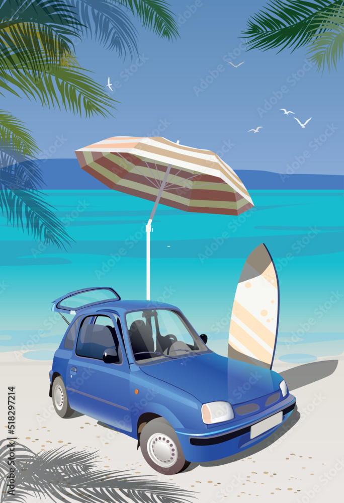 Travel by car to the sea with beach accessories. Vector.