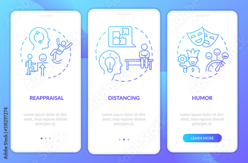 Cognitive change blue gradient onboarding mobile app screen. Self regulation walkthrough 3 steps graphic instructions with linear concepts. UI, UX, GUI template. Myriad Pro-Bold, Regular fonts used
