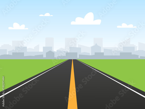 Landscape road on city. Straight asphalt road. Empty highway with vertical yellow line. Vector illustration.