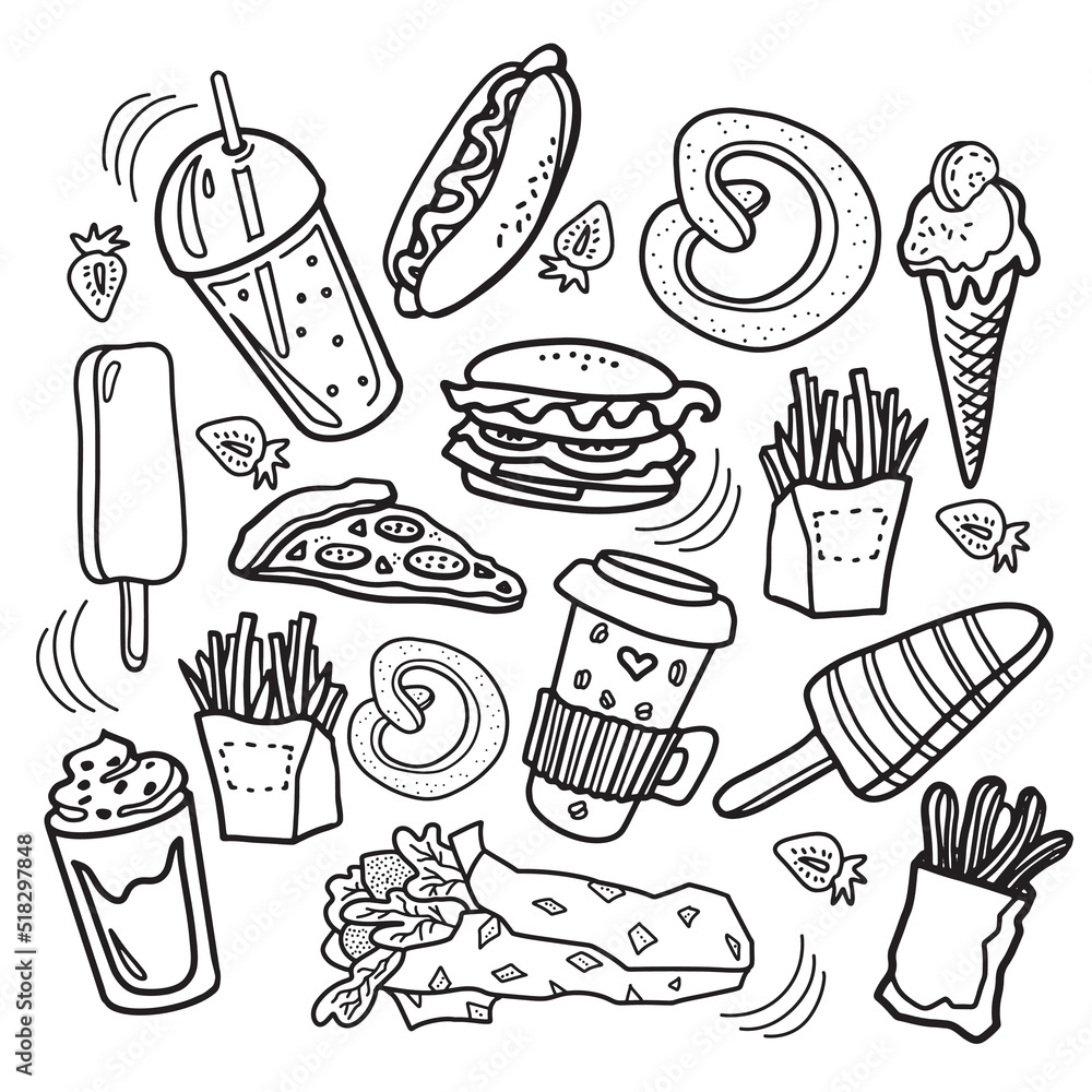 Street food hand drawn doodle icons. Kinds of fast food. Stock Vector ...