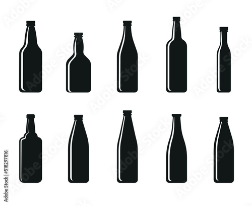 Set black icons. Black vector  Beer bottles. 