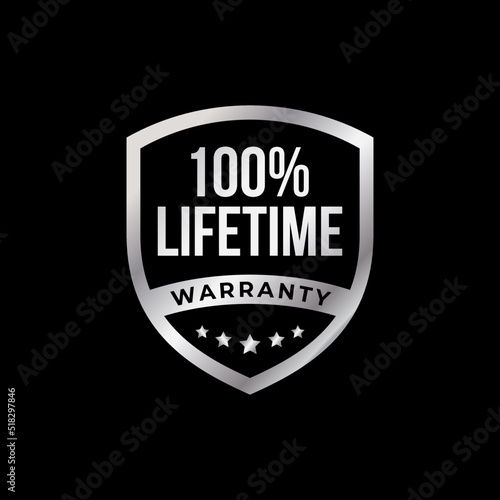 luxury 100 percent lifetime warranty shield silver badge and label. vector illustration.