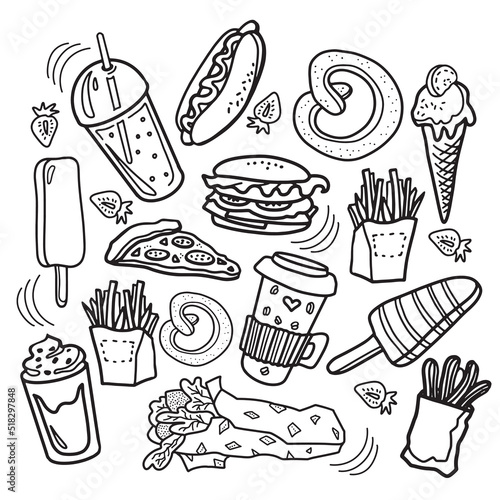 Street food hand drawn doodle icons. Kinds of fast food.