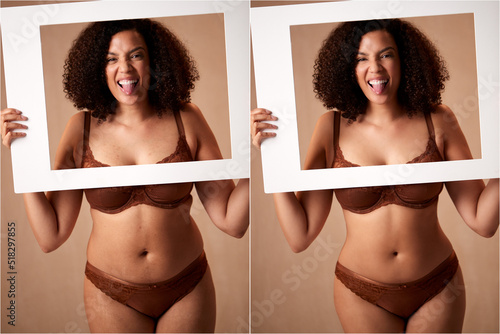 Composite Shot Showing Photo Of Woman In Underwear Holding Picture Frame Before And After Retouching photo