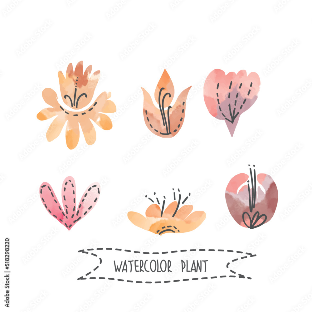 Set of handpainted watercolor vector flowers and buds. vector design.
