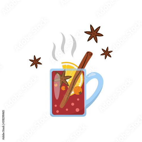 Mulled wine drink flat image with cinnamon stick, lemon slice and star anise. Traditional autumn and winter beverage. Isolated on white background. Vector illustration