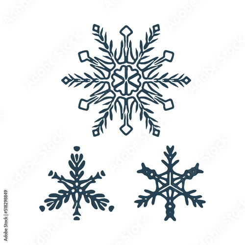 Christmas snowflake illustration vector motif. Masculine winter snow graphic for holiday, xmas, frosty icon. Hand drawn December snowy six pointed star.