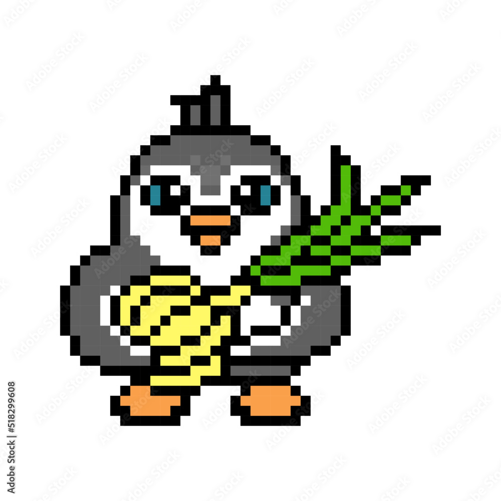 Penguin with a spring onion, cute pixel art animal character isolated on white background. Old school retro 80s, 90s 8 bit slot machine, computer, video game graphics. Cartoon cook or farmer mascot.