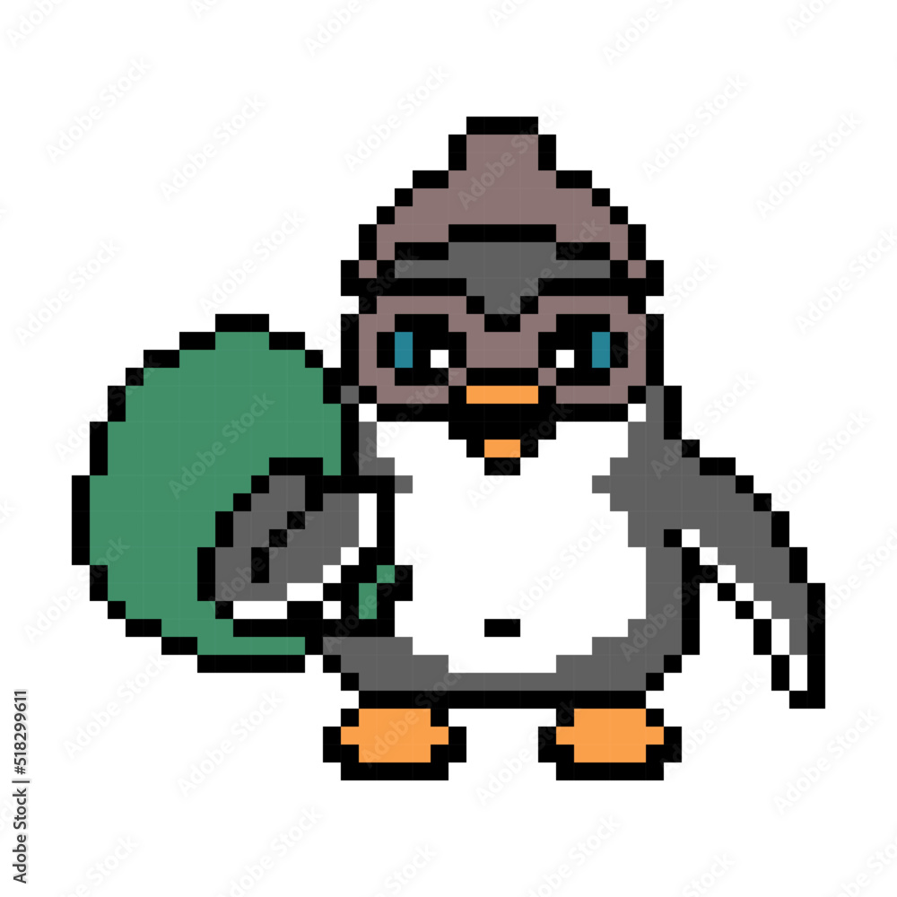 Pixel art penguin thief in an eye mask and beanie hat with a money bag isolated on white. 8 bit animal bank robber. Old school vintage retro 80s, 90s 2d computer, video game, slot machine graphics.