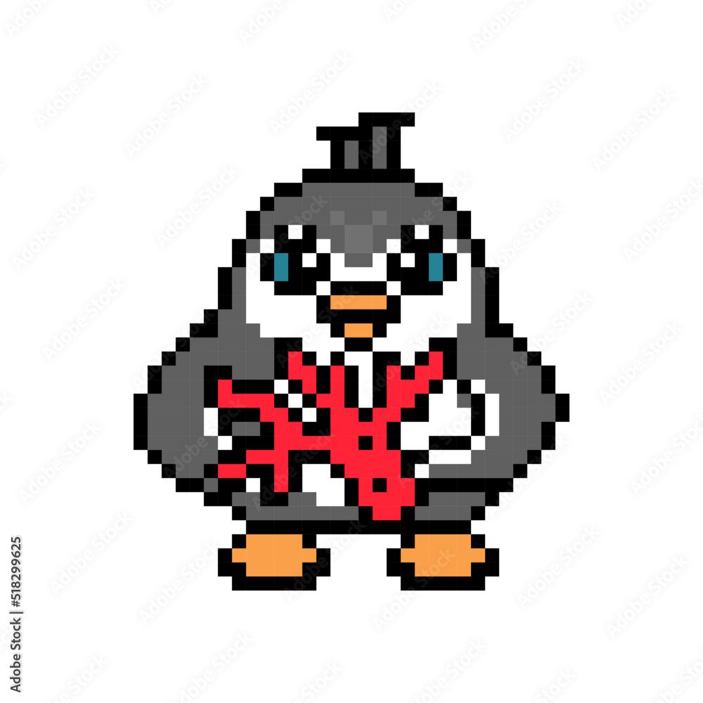 Fototapeta premium Penguin with a precious red coral, pixel art animal character isolated on white background. Old school retro 80s, 90s 8 bit slot machine, video game graphics. Cartoon mascot. Sea treasure gift.
