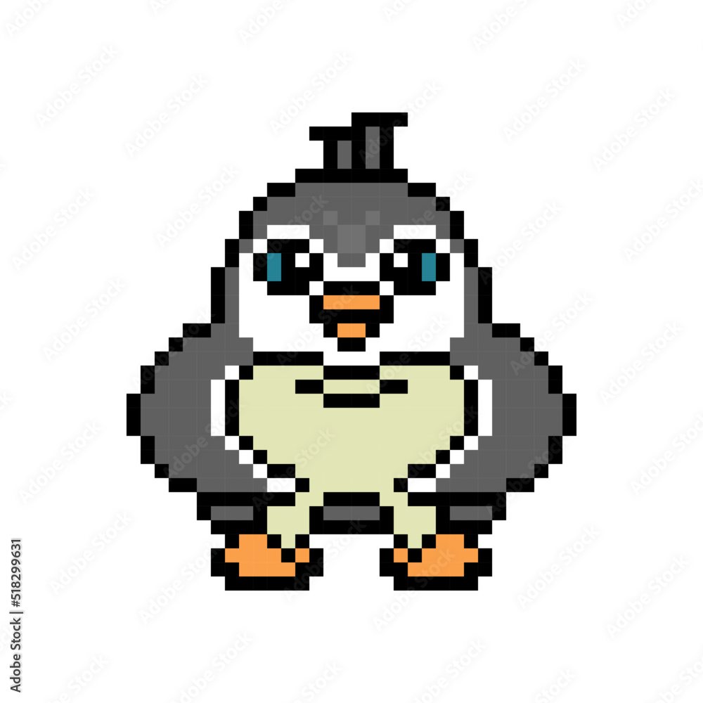 Obraz premium Penguin holding a big tooth, pixel art animal character isolated on white background. Old school retro 80s, 90s 8 bit slot machine, video game graphics. Cartoon dentist bird mascot. Stomatology logo.