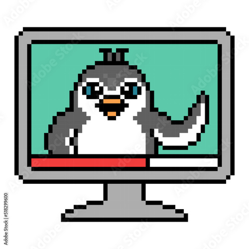 Penguin host waving on a tv or computer monitor screen, pixel art animal character isolated on white background. Old school retro 80s, 90s 8 bit slot machine, video game graphics. Cartoon vlog mascot.