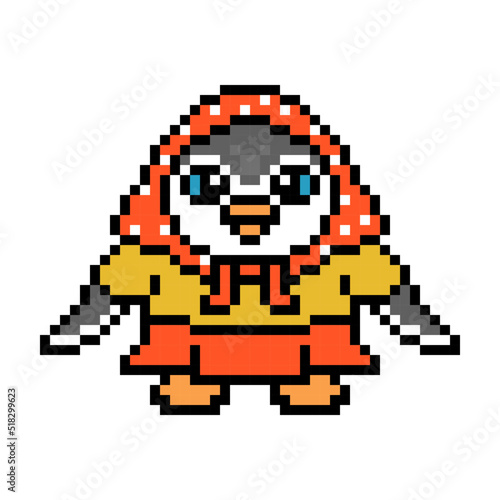 Penguin babushka in a headscarf, skirt, shirt, pixel art animal character isolated on white background. Old school retro 80s, 90s 8 bit slot machine, video game graphics. Cartoon fashion woman mascot.