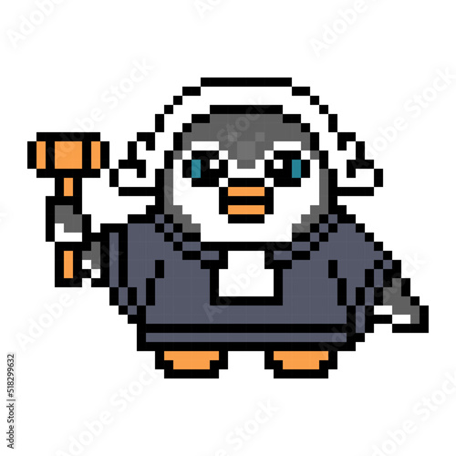 Penguin judge in a robe, collar and wig holding a gavel, pixel art animal character on white background. Retro 80s-90s 8 bit slot machine, video game graphics. Cartoon court mascot. Justice symbol.