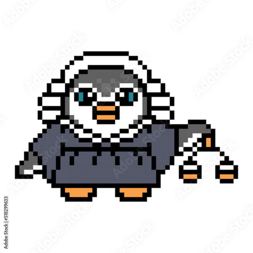 Penguin judge in a robe and wig holding scales, pixel art animal character isolated on white background. Retro 80s-90s 8 bit slot machine, video game graphics. Cartoon court mascot. Justice symbol.