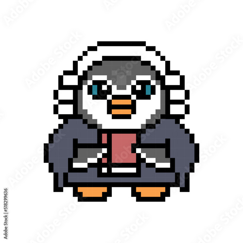 Penguin judge in a robe and wig holding a Holy Bible book, pixel art animal character on white background. Retro 80s-90s 8 bit slot machine, video game graphics. Cartoon court mascot. Justice symbol.
