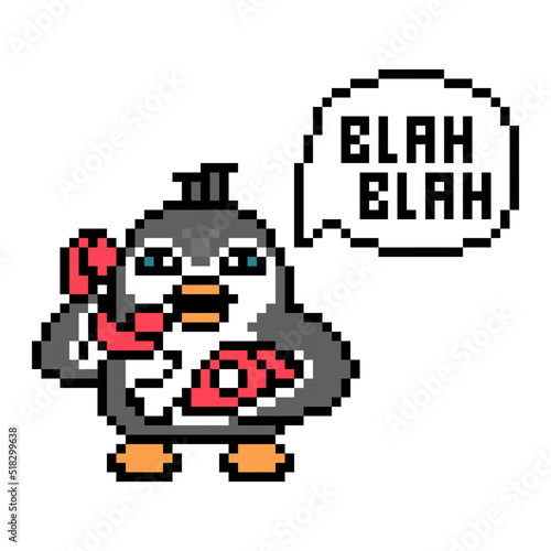 Penguin talking on the red vintage telephone and "blah blah" text in a speech bubble, pixel art animal character on white background. Old school retro 80s, 90s 8 bit slot machine, video game graphics.
