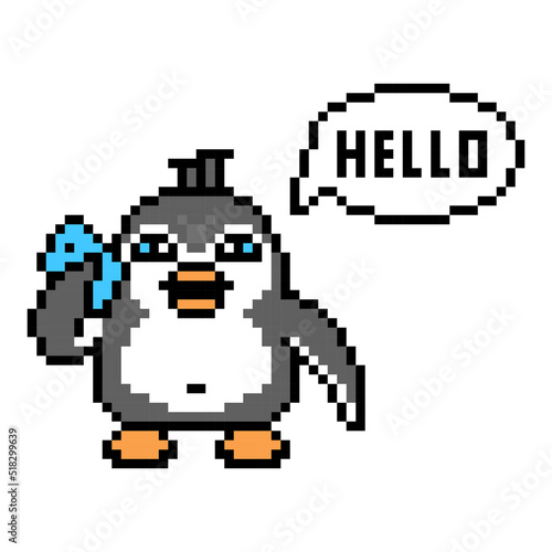 Penguin talking on a smartphone and "hello" text in a speech bubble, pixel art animal character on white background. Retro 80s, 90s 8 bit slot machine, video game graphics. Friendly mobile phone talk.