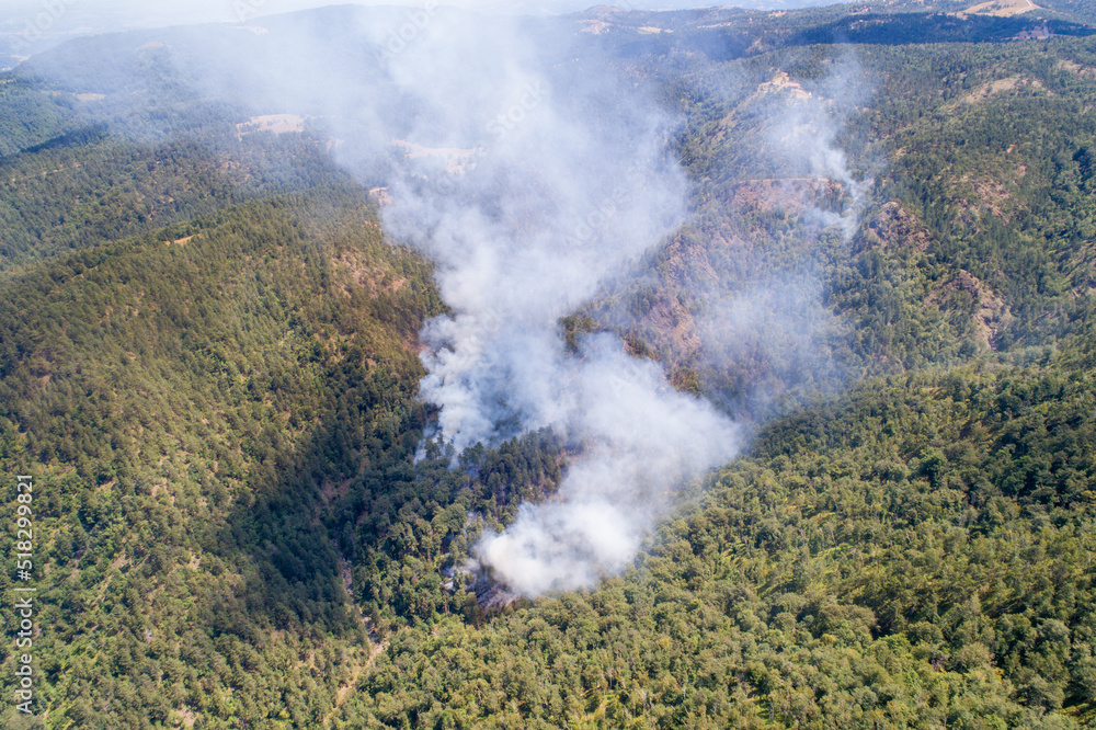 Aerial view of Wildfire on mountain forest, Divcibare, Serbia