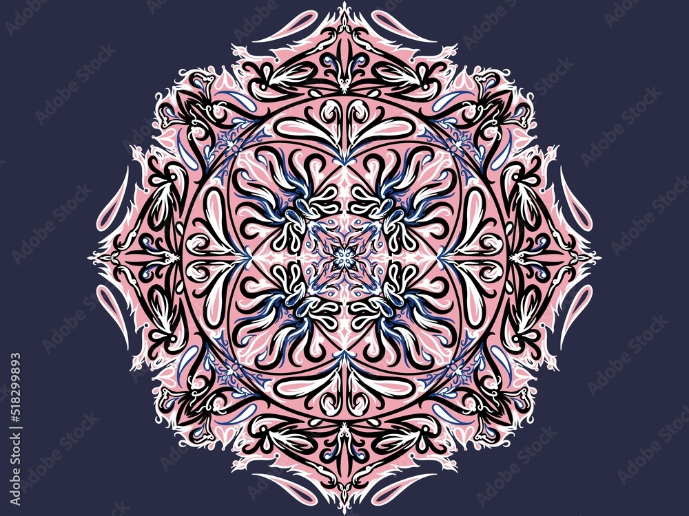 Floral mandala relaxation patterns unique design with black background,Hand drawn pattern,concept meditation and relax. Circle pattern petal flower of mandala with multi color.Digital art illustration
