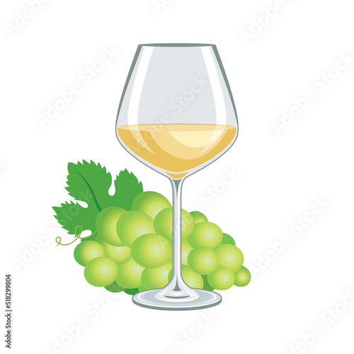 Glass of white wine and green grapes icon vector. Glass of white wine and bunch of grapes still life vector illustration isolated on a white background. White wine drink drawing