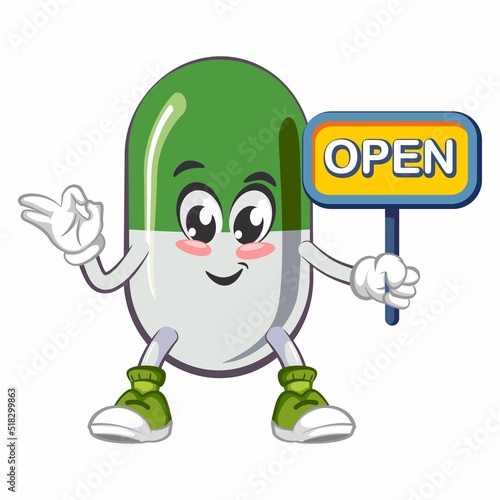 vector illustration of cute capsule mascot with sign board says open photo
