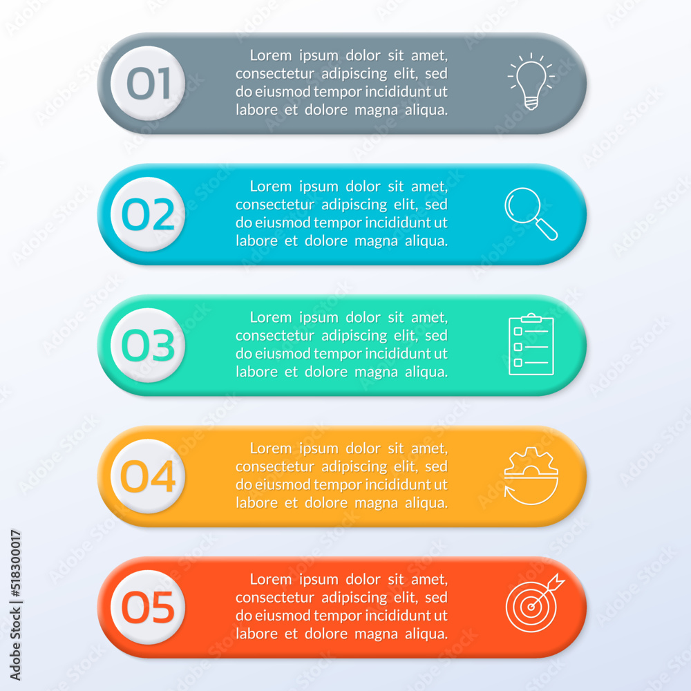 5 number list template. Five step business layout with text banners, numbers and icons. Modern info graphic design. Presentation, chart, brochure concept with 3d elements. Vector illustration. 5 number list template. Five step business layout with text banners, numbers and icons. Modern info graphic design. Presentation, chart, brochure concept with 3d elements. Vector illustration.