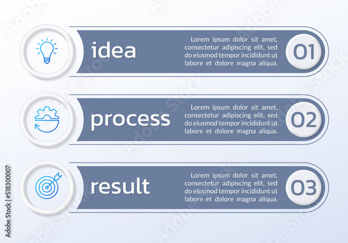 3 number list template. Five step business layout with text banners, numbers and icons. Modern info graphic design. Presentation, chart, brochure concept with 3d elements. Vector illustration.