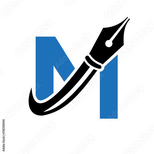 Education Logo on Letter M Concept with Pen Nib Vector Template