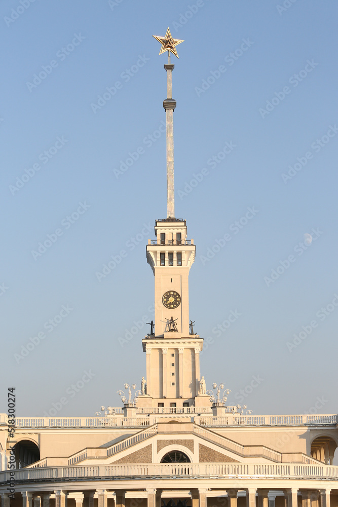 North River Terminal. Building facade of North River Terminal, River station or Rechnoy Vokzal. Stalinist architecture style. Park in Moscow city, Russia. Moscow landmark, architectural monument, view