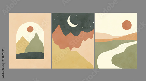 Modern abstract minimalist landscape posters. Desert, mountains, sun and moon. Day and night scene. Pastel colors, earth tones. Boho mid-century  art print. Flat design. Stock vector illustration