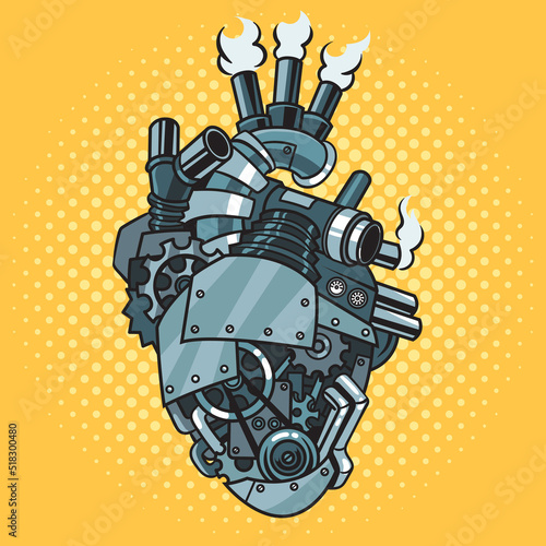 mechanical iron artificial heart steampunk pop art retro vector illustration. Comic book style imitation.