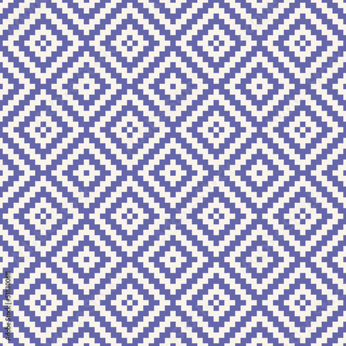 Color of year 2022 very peri background. Geometric seamless pattern with violet pixel art rhombus. Abstract diamond vector pattern. Simple vector illustration. Geometric zigzag design for fabric, wall