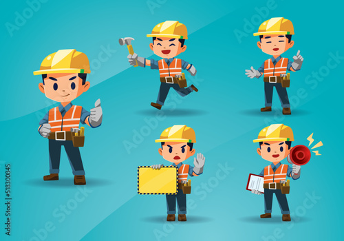 set of construction worker mascot character design vector