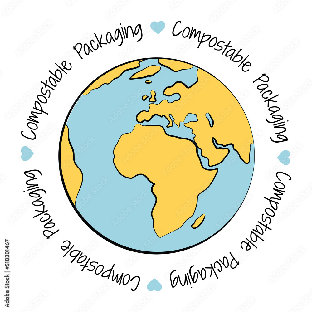 Compostable packaging circular vector label stamp. Round logo certificate icon. Text with blue