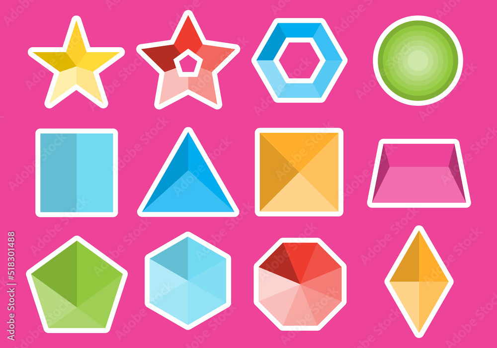 Geometric shapes, multicolored geometric shapes icons on a rose background. Vector illustration. Geometric shapes, multicolored geometric shapes icons on a rose background. Vector illustration.