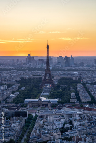 Paris skyline at dusk with view of Eiffel Tower
